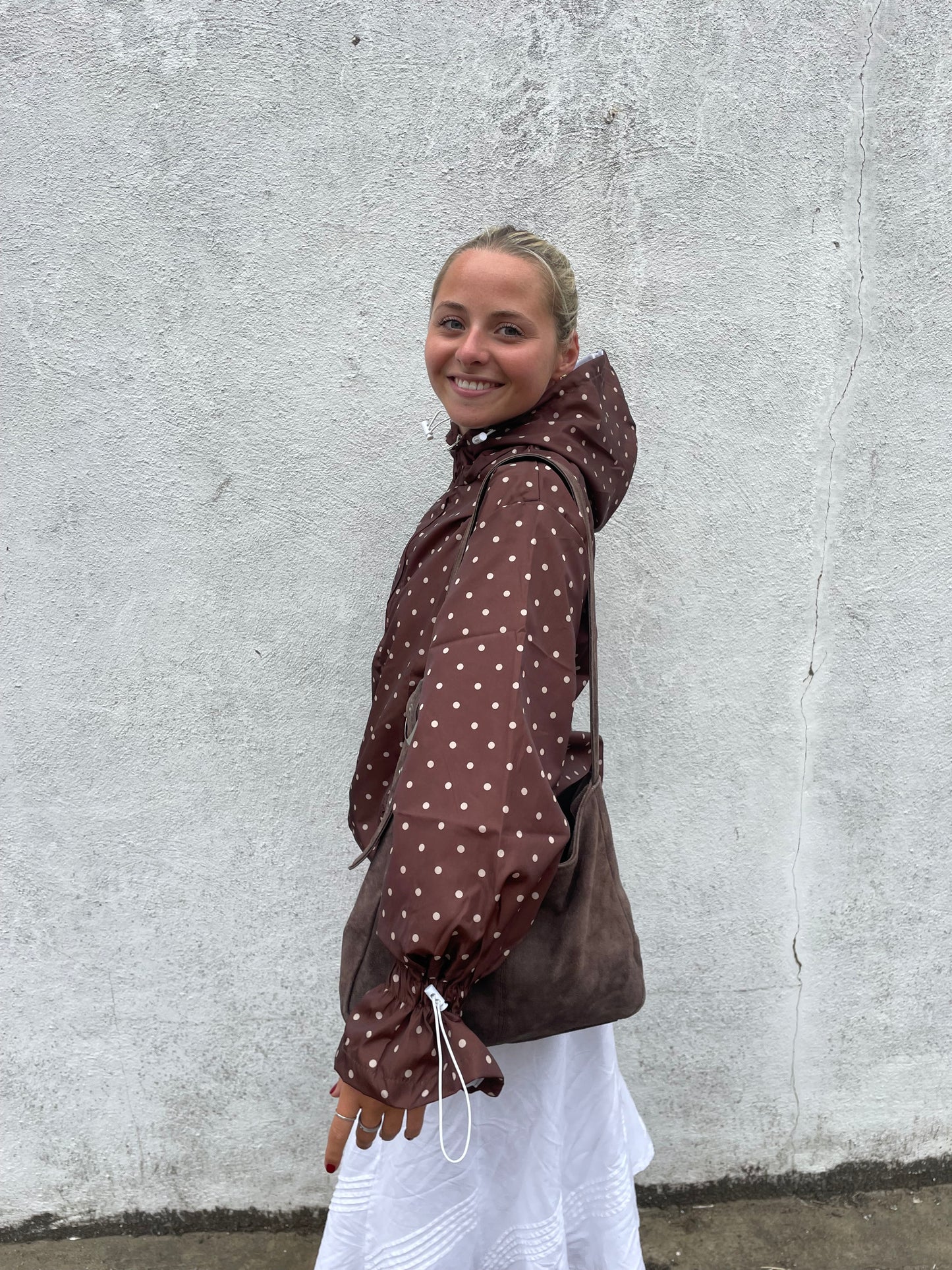 Espresso polka dots flared windbreaker