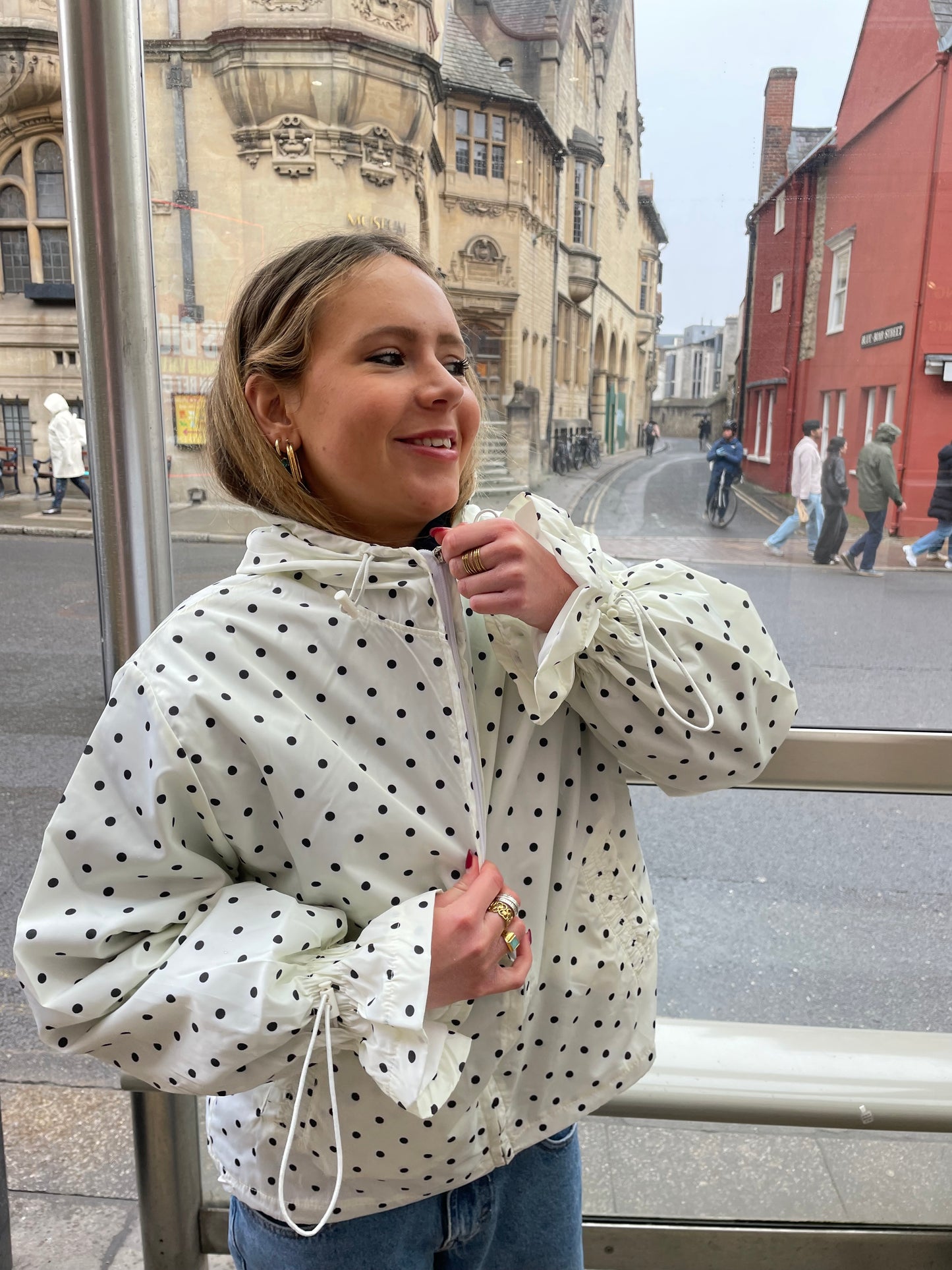 Cream & Navy PolkaDot waterproof windbreaker