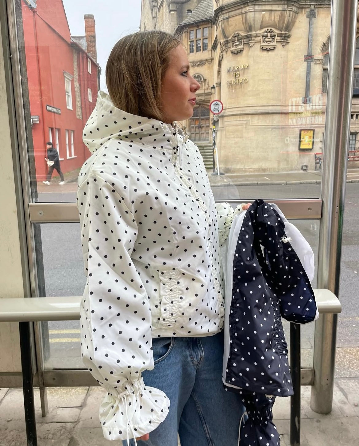 Cream & Navy PolkaDot waterproof windbreaker