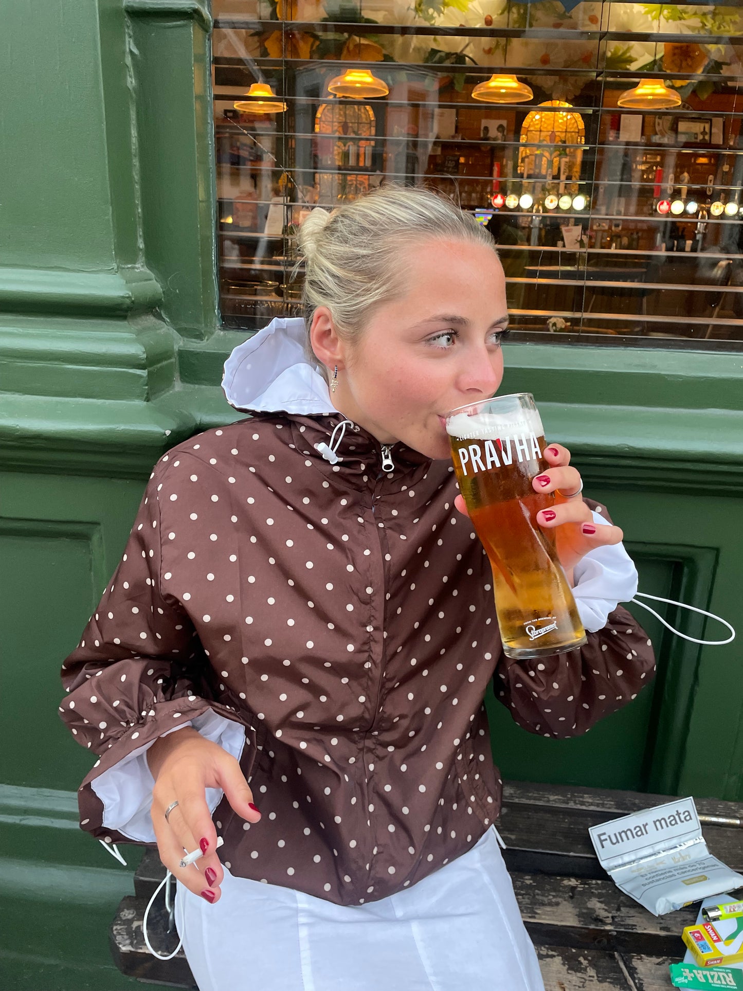 Espresso polka dots flared windbreaker