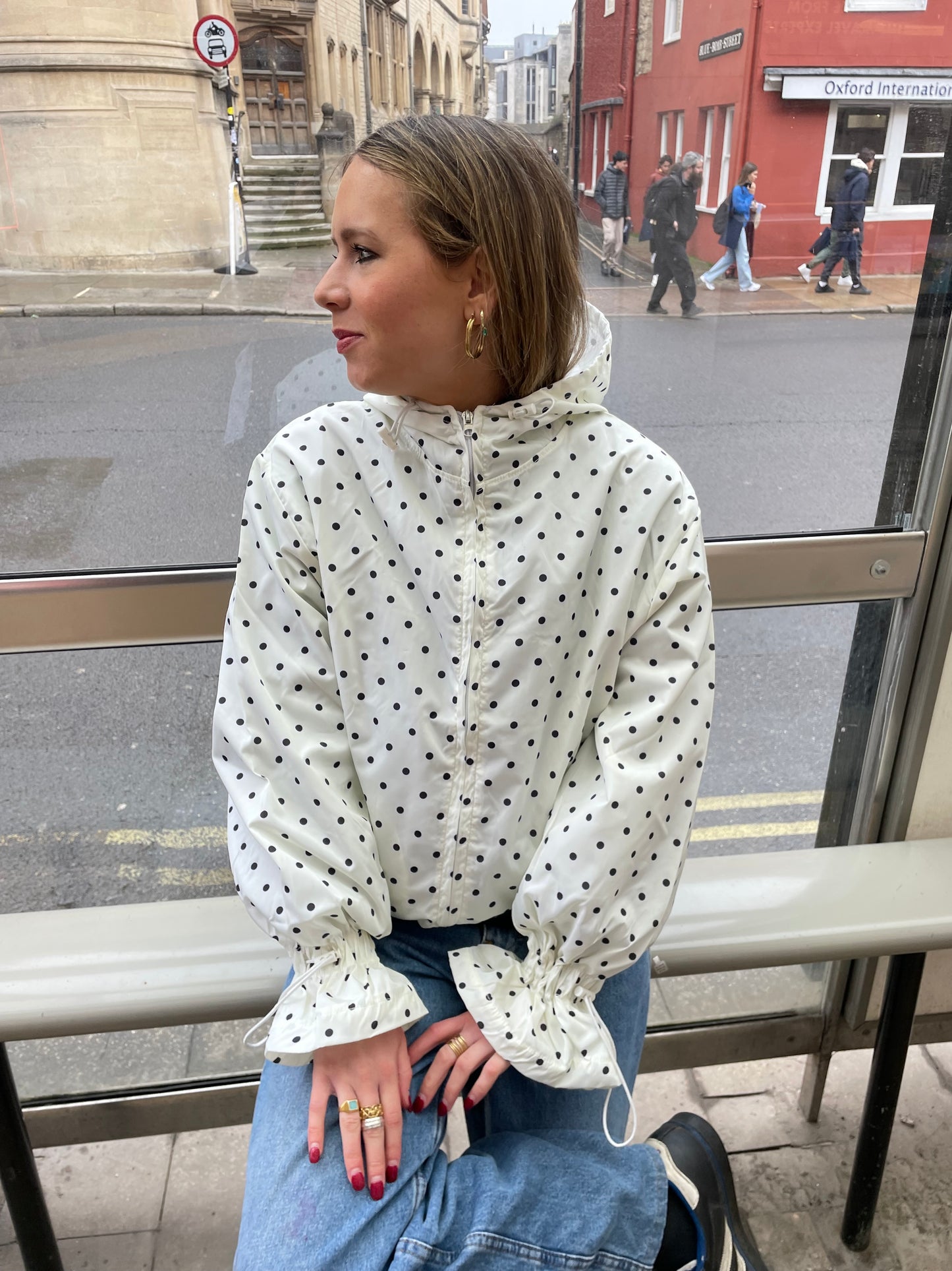 Cream & Navy PolkaDot waterproof windbreaker