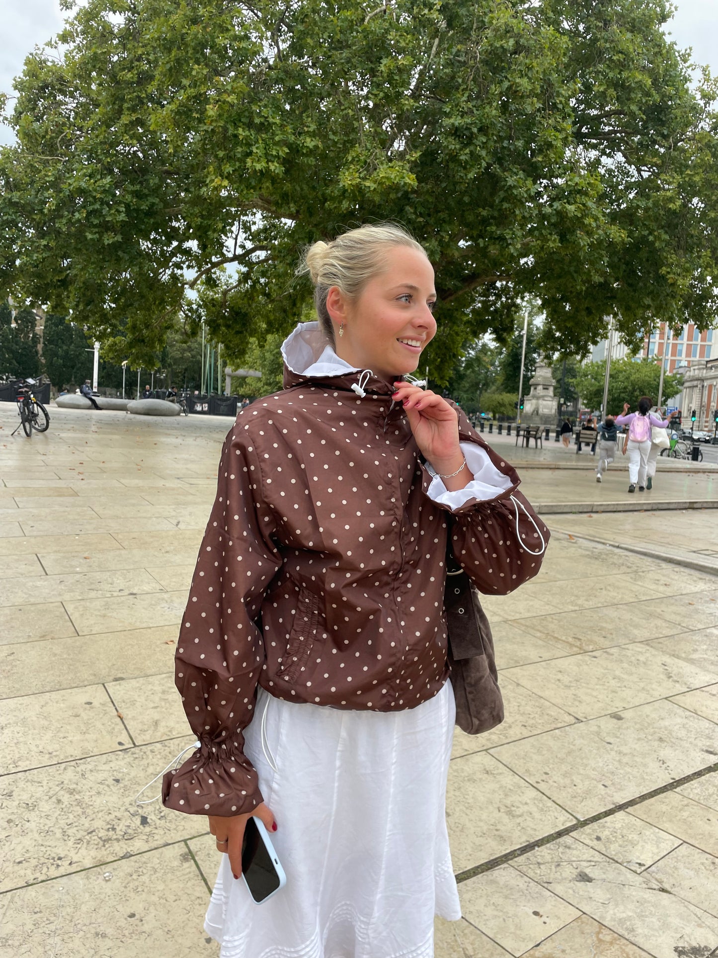 Espresso polka dots flared windbreaker