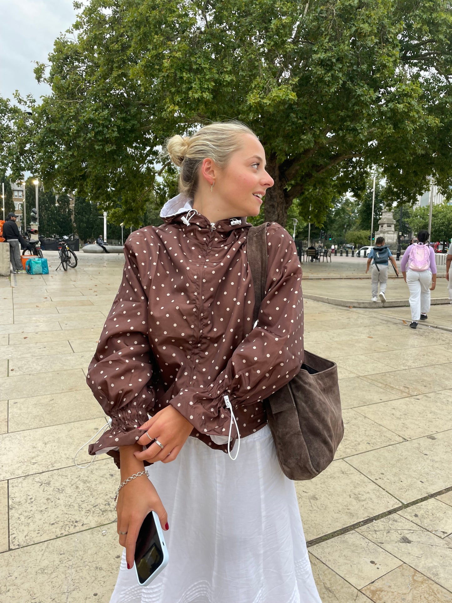Espresso polka dots flared windbreaker