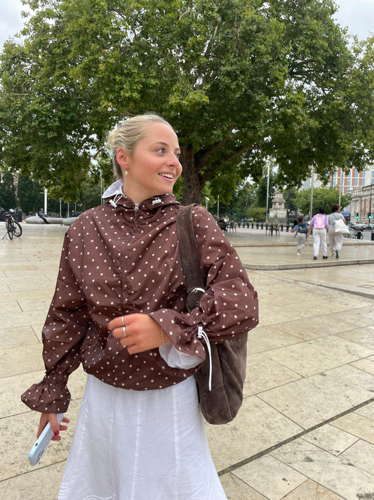Espresso polka dots flared windbreaker